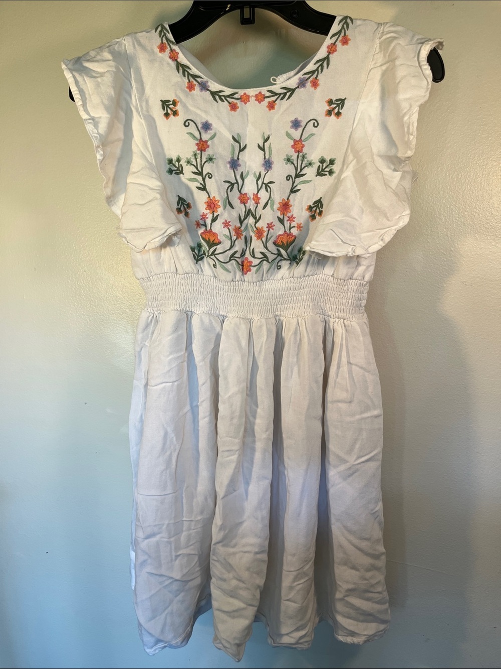 White Embroidered Floral Smocked Waist Girls' Dress